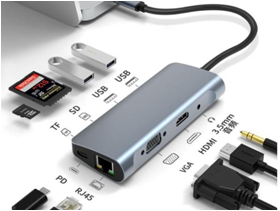 Hub chuyển Type-C ra HDMI + VGA + USB 3.0 + USB 2.0 + PD + SD + TF + cổng LAN RJ45 + Audio 3.5